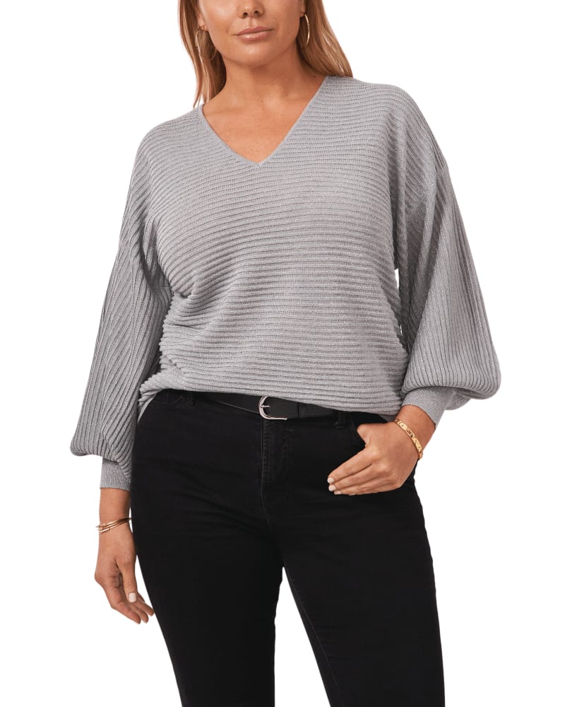 Front of a model wearing a size 1X Eliana Balloon-Sleeve Sweater in SILVER HEATHER by 1.State. | dia_product_style_image_id:262191
